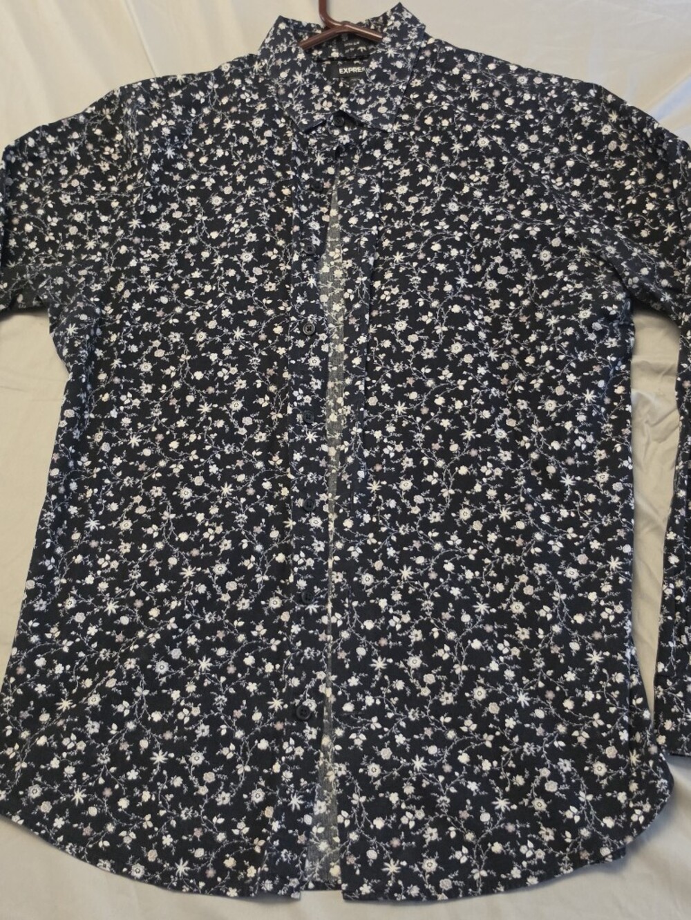 Express Men's Black Button-Up Shirt with White Floral Print